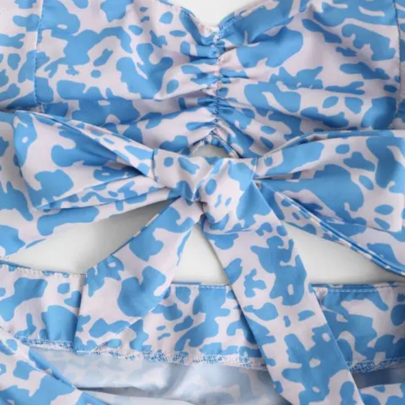 NWT Ruffles Abstract Print Cut Out Ruched Halter Dress - Light Blue (L) - Picture 3 of 8